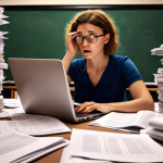 **A teacher looking stressed but determined, surrounded by piles of papers and a glowing laptop screen, symbolizing the constant learning and workload in TESOL.**
