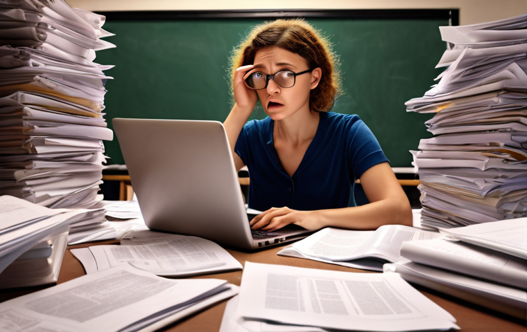**A teacher looking stressed but determined, surrounded by piles of papers and a glowing laptop screen, symbolizing the constant learning and workload in TESOL.**