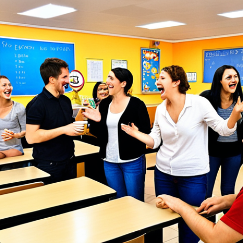 Home 6 A bright, dynamic TESOL classroom scene in Italy, filled with diverse adult students enthusiastically engaged in a lively role-play. They are actively simulating a real-life scenario, perhaps ordering coffee at a traditional Italian 'bar' or negotiating prices for local goods. Laughter and animated gestures fill the air, reflecting a creative, interactive language learning environment where students are building confidence and fluency. The room is modern yet warm, with colorful educational visuals on the walls. The focus is on active, joyful communication, not rote memorization.