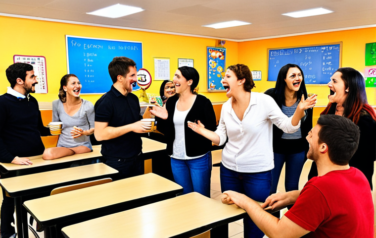 A bright, dynamic TESOL classroom scene in Italy, filled with diverse adult students enthusiastically engaged in a lively role-play. They are actively simulating a real-life scenario, perhaps ordering coffee at a traditional Italian 'bar' or negotiating prices for local goods. Laughter and animated gestures fill the air, reflecting a creative, interactive language learning environment where students are building confidence and fluency. The room is modern yet warm, with colorful educational visuals on the walls. The focus is on active, joyful communication, not rote memorization.