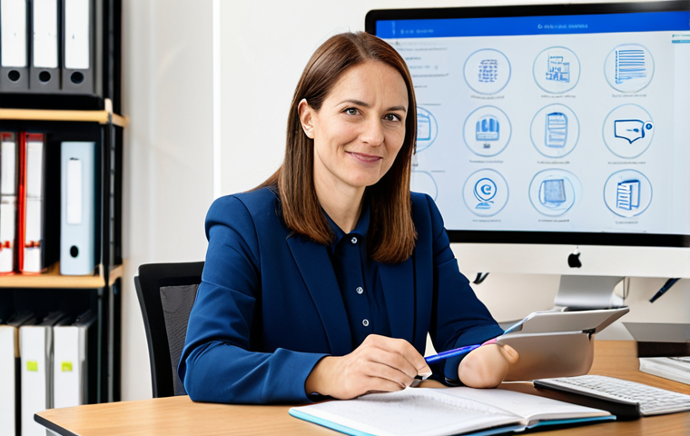 A professional female TESOL teacher, fully clothed in a modest business casual outfit, seated at a modern desk. She is diligently curating and personalizing digital learning resources on a large monitor, with a tablet and notebooks neatly arranged nearby. The setting is a brightly lit, contemporary classroom or dedicated home office space, reflecting an organized and innovative approach to teaching. The image is a professional photograph, high quality, realistic, with perfect anatomy, correct proportions, natural pose, well-formed hands, proper finger count, natural body proportions, safe for work, appropriate content.