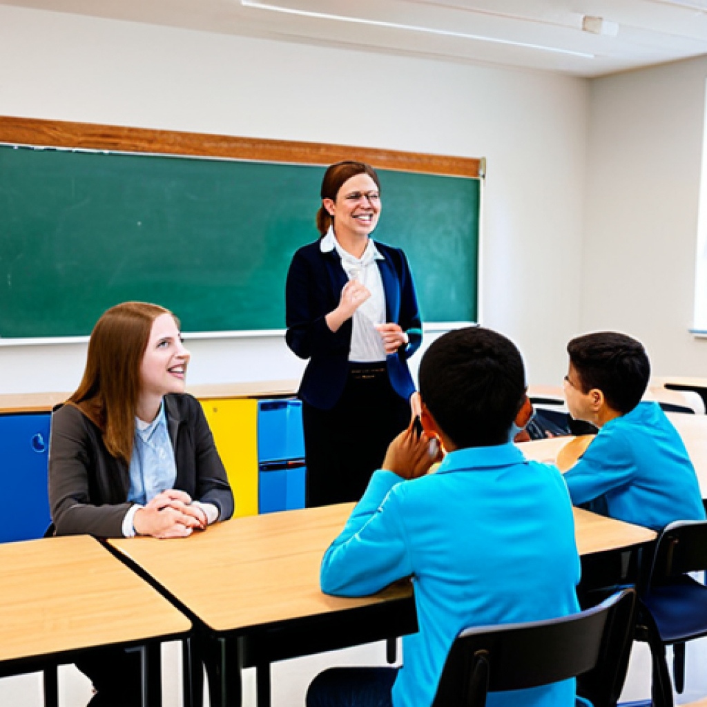 A professional English teacher, fully clothed in a modest yet stylish business casual outfit, stands confidently in a bright, modern classroom. She is interacting warmly with a diverse group of students, who are also fully clothed in appropriate attire, gathered around collaborative tables. The teacher gestures gently, fostering an engaging discussion. The atmosphere is vibrant and inclusive, with students actively participating and showing enthusiasm. Natural light fills the room, highlighting educational posters on the walls. Perfect anatomy, correct proportions, natural poses, well-formed hands, proper finger count. High-quality professional photography, safe for work, appropriate content, fully clothed, family-friendly.
