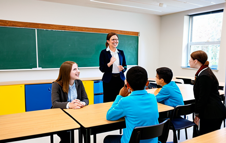A professional English teacher, fully clothed in a modest yet stylish business casual outfit, stands confidently in a bright, modern classroom. She is interacting warmly with a diverse group of students, who are also fully clothed in appropriate attire, gathered around collaborative tables. The teacher gestures gently, fostering an engaging discussion. The atmosphere is vibrant and inclusive, with students actively participating and showing enthusiasm. Natural light fills the room, highlighting educational posters on the walls. Perfect anatomy, correct proportions, natural poses, well-formed hands, proper finger count. High-quality professional photography, safe for work, appropriate content, fully clothed, family-friendly.