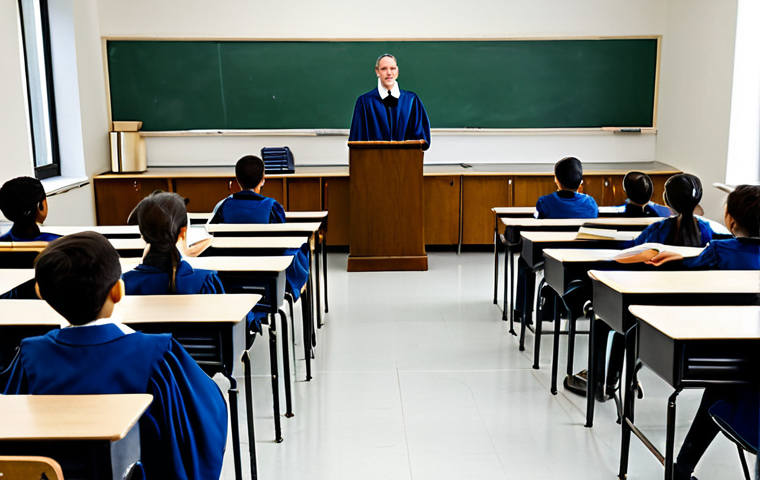 TESOL 강사로서의 윤리적 책임 - "An empathetic female teacher, fully clothed in professional dress, kneeling to talk to a student in...