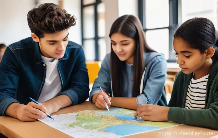TESOL 강사가 자주 겪는 도전 과제 - **Prompt:** A vibrant, diverse group of students, ranging from teenagers to young adults, actively e...