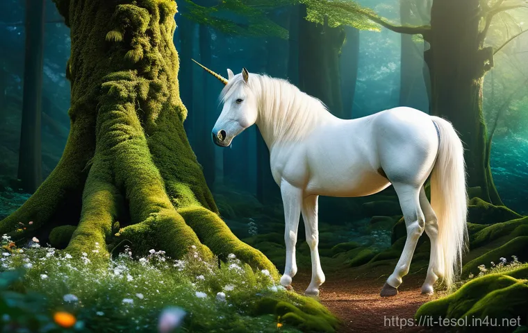 TESOL 교육에서의 문화 다양성 활용 - A majestic, ethereal unicorn, with a shimmering pearl-white coat and a spiraling golden horn, gracef...