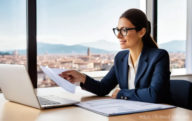 TESOL 강사가 알아야 할 법적 지식 - **A TESOL teacher gaining financial clarity in a modern Italian commercialista's office.**
    **Det...