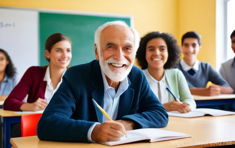 TESOL 교육 현장 에피소드 - **Prompt:** A diverse group of adult students, including a distinguished elderly Italian gentleman w...