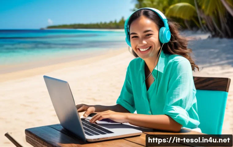 TESOL 자격증으로 가능한 다양한 기회 - **Prompt 1: "The Flexible TESOL Lifestyle"**
A vibrant, sun-drenched scene showing a young, smil...