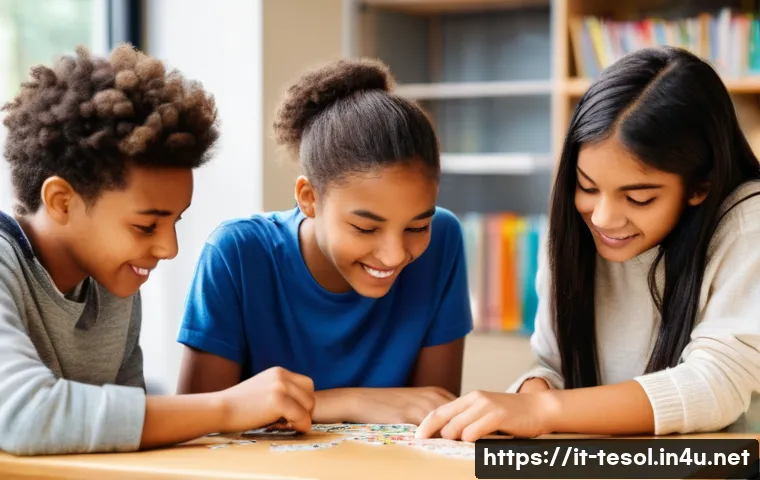 TESOL 시험 채점 방식 분석 - **Prompt:** A vibrant, modern classroom bustling with three diverse teenage students, approximately ...