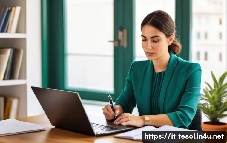 TESOL 취업 면접 성공 사례 - A highly professional and focused Italian woman in her early 30s is seated at a minimalist, modern d...
