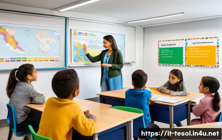 TESOL 강사로서의 성장 전략 - A diverse TESOL classroom scene in a modern Italian school setting, featuring students of various cu...