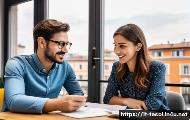TESOL 자격증 없이 영어 강사로 일하기 - A dynamic private English lesson scene set in a modern Milan apartment, featuring a confident young ...