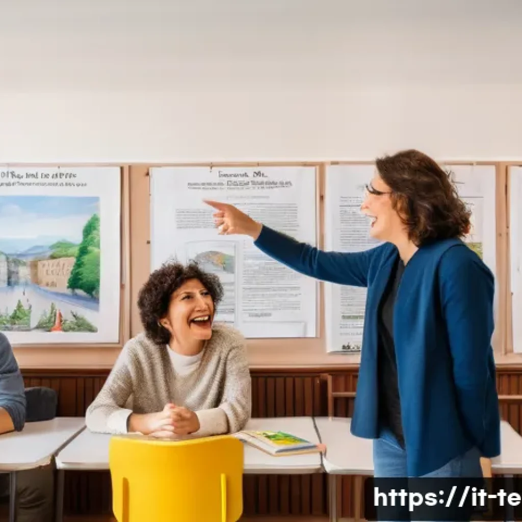 TESOL 강사가 자주 사용하는 활동 - A lively classroom scene in an Italian language school featuring diverse adult students engaged in a...