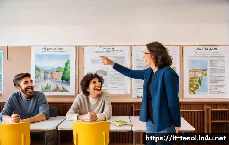 TESOL 강사가 자주 사용하는 활동 - A lively classroom scene in an Italian language school featuring diverse adult students engaged in a...