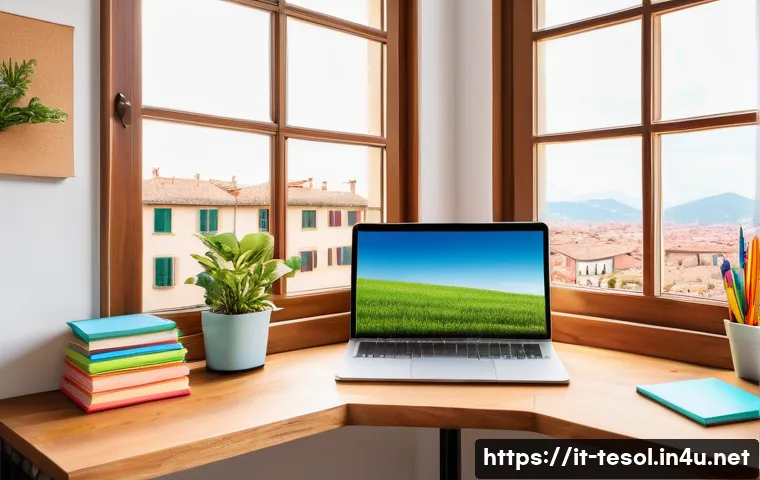 TESOL 강사로서의 워라밸 - A cozy, well-organized home office corner designed for a TESOL teacher in Italy, featuring a modern ...