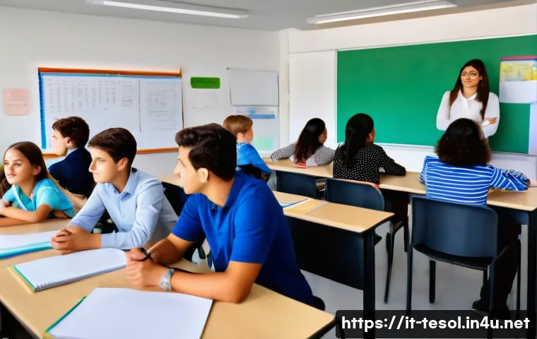 TESOL 강사의 실수와 극복 방법 - A diverse classroom setting in Italy, showing a multicultural group of adult students attentively li...
