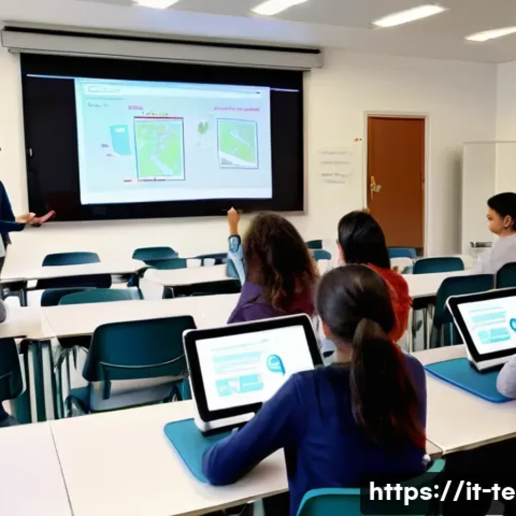 TESOL 자격증 최신 트렌드 - A modern TESOL classroom in Italy featuring a diverse group of adult students using digital technolo...