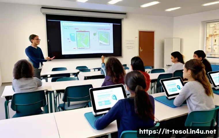 TESOL 자격증 최신 트렌드 - A modern TESOL classroom in Italy featuring a diverse group of adult students using digital technolo...