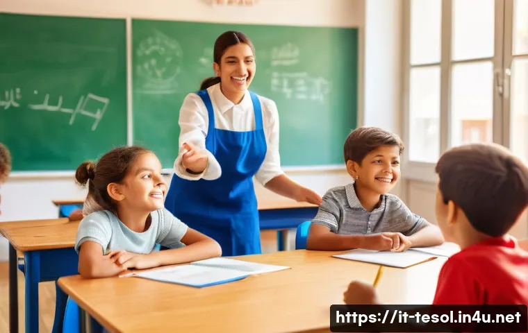 TESOL 강사로서의 언어적 기술 - A warm and bright classroom scene in Italy, featuring a TESOL teacher engaging with a diverse group ...