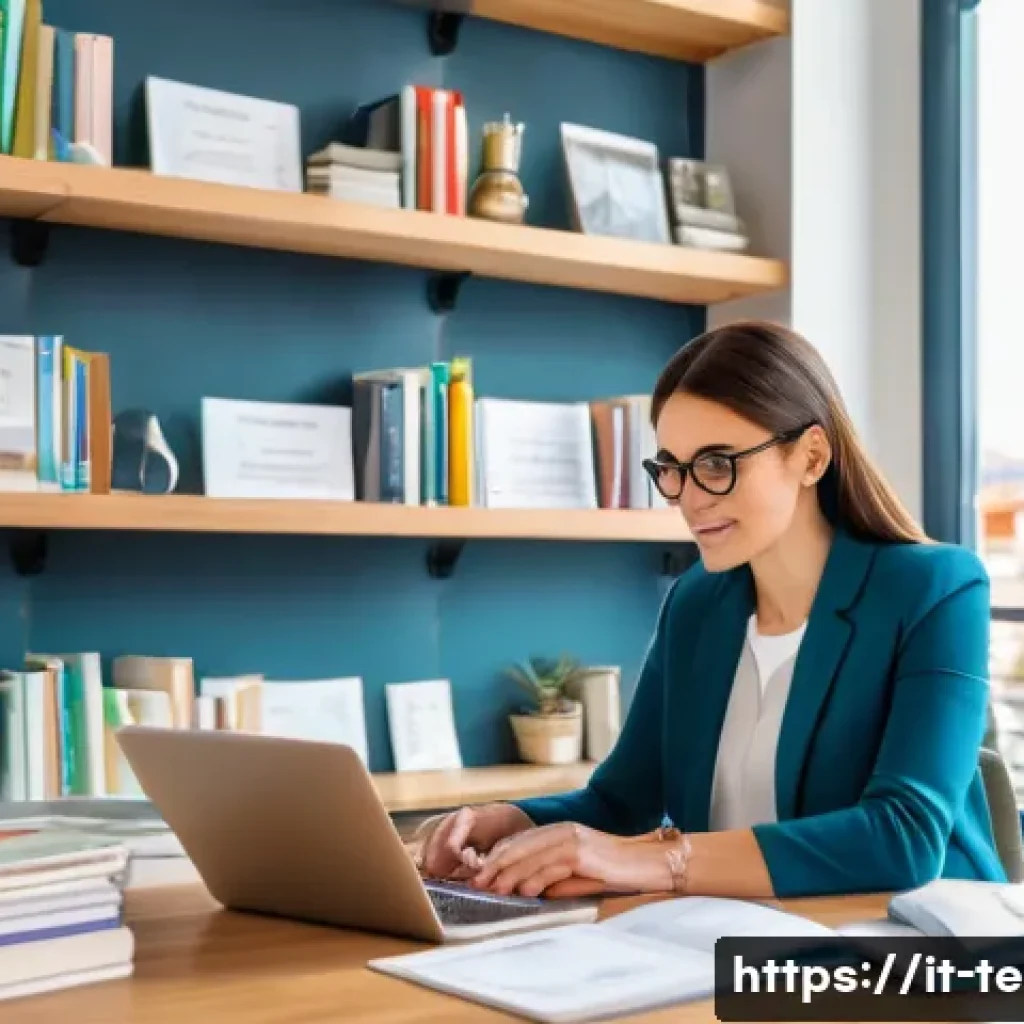 TESOL 강사 자격 갱신 방법 - A professional Italian TESOL teacher in a bright, modern home office setting, surrounded by shelves ...