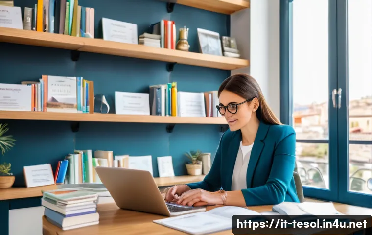TESOL 강사 자격 갱신 방법 - A professional Italian TESOL teacher in a bright, modern home office setting, surrounded by shelves ...