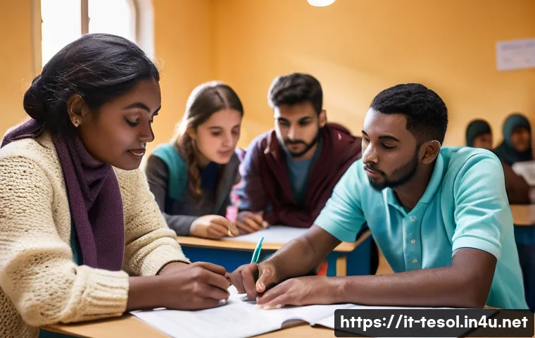 TESOL 자격증으로 가능한 비영리 활동 - A diverse group of adult refugees and migrants engaged in an English language class in a community c...