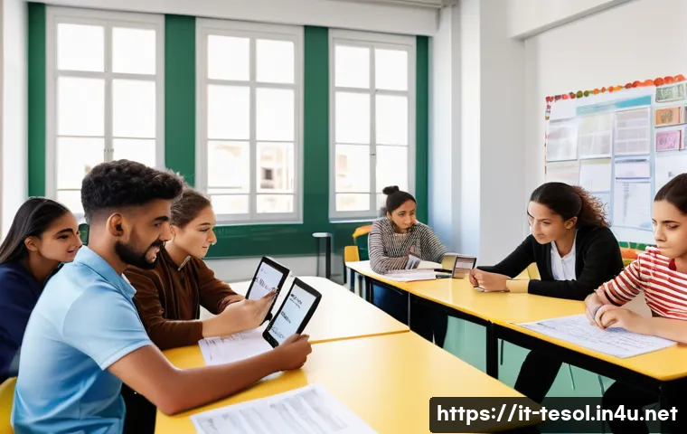 TESOL 강사가 자주 묻는 질문 - A diverse multinational TESOL classroom scene set in a modern Italian language school, featuring stu...