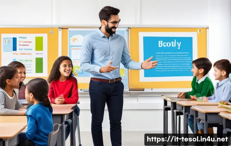 TESOL 취득 전과 후의 차이 - A diverse classroom scene set in a modern Italian language school, featuring an engaged TESOL-certif...