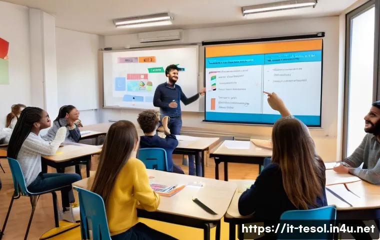 TESOL 강사의 자주 묻는 질문 - A modern classroom setting in Italy with a diverse group of teenage students engaged in an interacti...