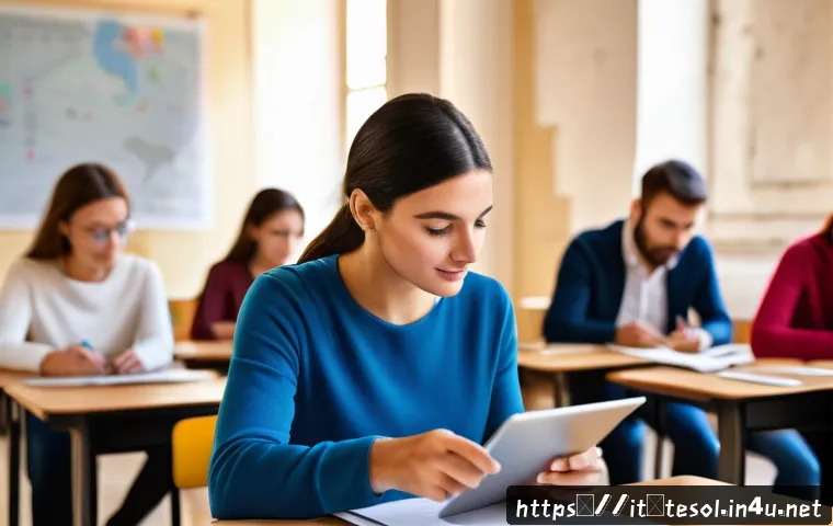 TESOL 실기 시험 준비법 - A modern classroom scene in Italy, featuring a diverse group of adult students attentively engaging ...