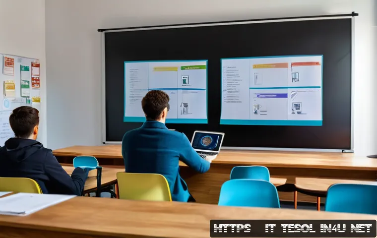 TESOL 자격증을 활용한 진로 개발 - A modern classroom scene in a stylish private school in Italy, featuring a diverse group of adult st...