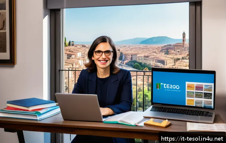 TESOL 강사로서의 평판 관리 - A professional Italian TESOL teacher in a modern home office, surrounded by language books, a laptop...