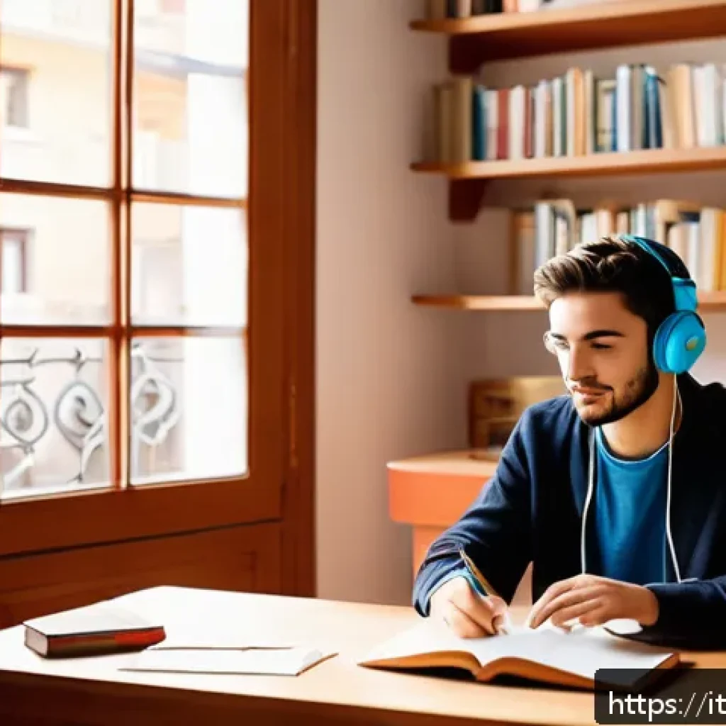 TESOL 시험 중 자주 묻는 질문 - A modern, bright study room in an Italian apartment with a young adult studying for the TESOL exam. ...