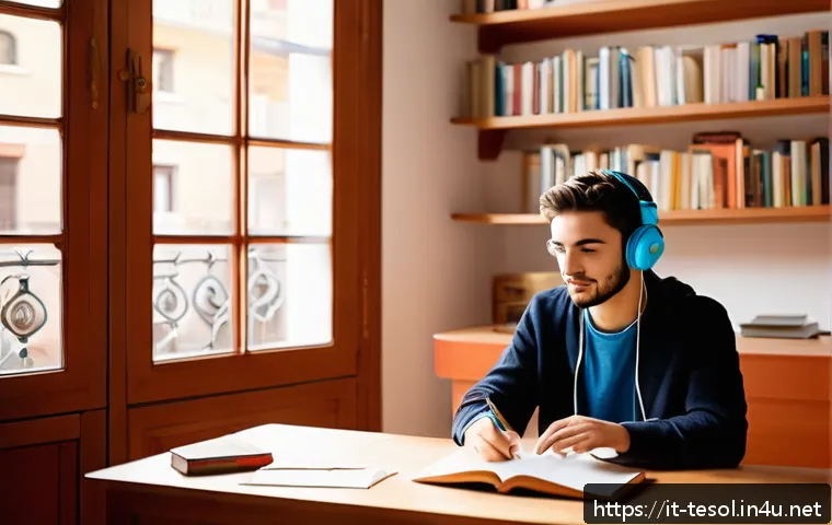 TESOL 시험 중 자주 묻는 질문 - A modern, bright study room in an Italian apartment with a young adult studying for the TESOL exam. ...