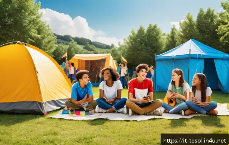TESOL 자격증으로 영어 캠프 운영 - A lively English summer camp scene featuring diverse teenagers engaged in interactive role-playing a...