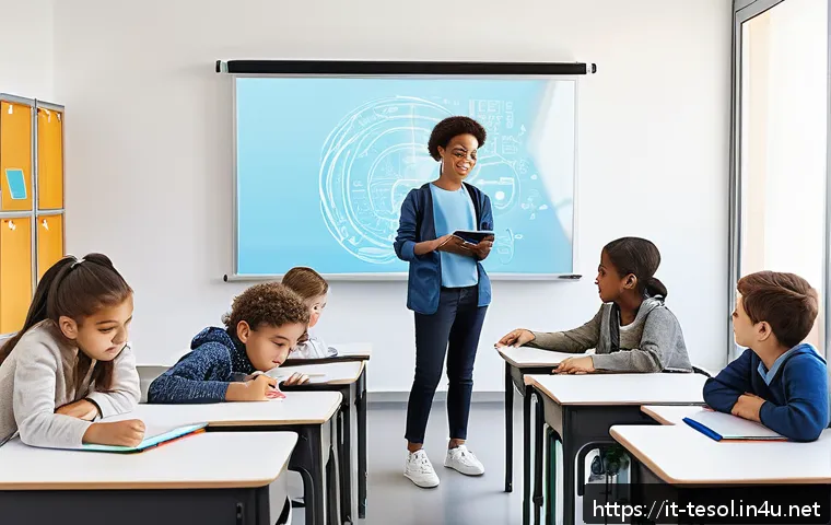 TESOL 강사로서 필수 자기계발 방법 - A modern classroom scene in Italy featuring a diverse group of students engaged with digital learnin...