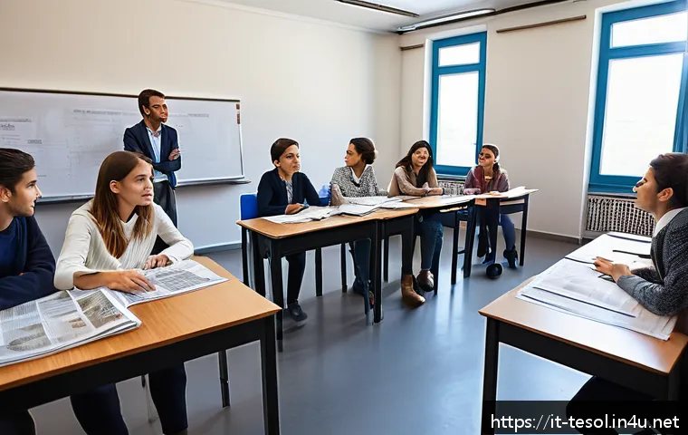 TESOL 국제 자격증 인증 기관 - A professional classroom scene in Italy showing a diverse group of adult students attentively partic...