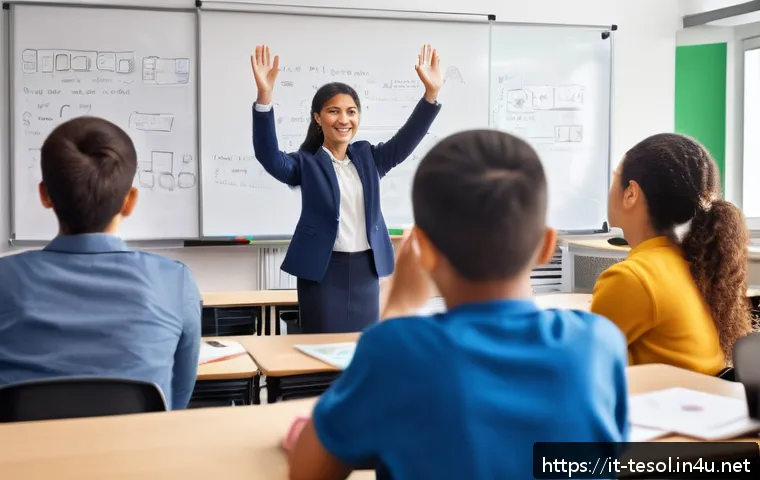 TESOL 취업 인터뷰 질문 - A professional TESOL teacher in a modern classroom setting, wearing business casual attire, engaging...