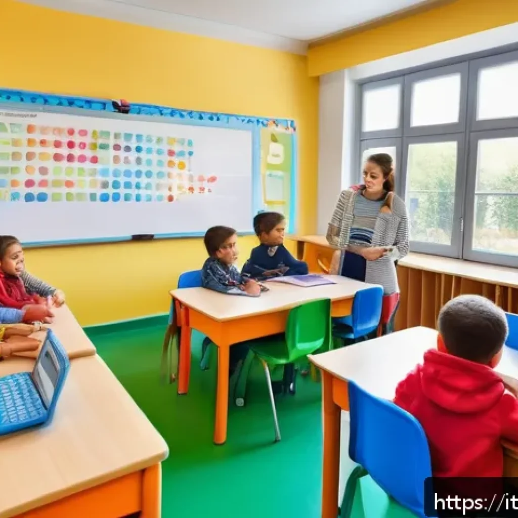 TESOL 수업에서 피드백 주는 방법 - A warm and inviting classroom scene in an Italian elementary school, showing a diverse group of youn...