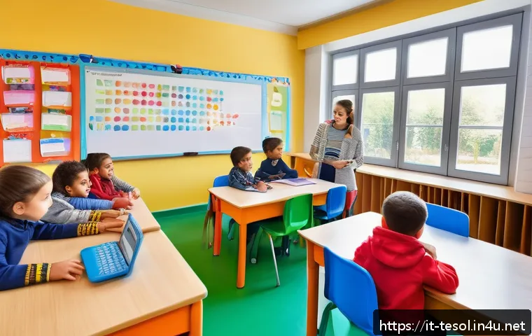 TESOL 수업에서 피드백 주는 방법 - A warm and inviting classroom scene in an Italian elementary school, showing a diverse group of youn...
