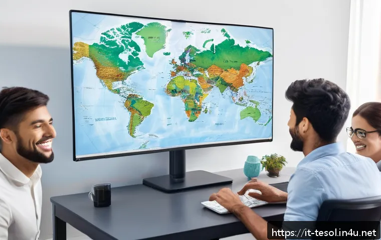 TESOL 자격증으로 경력 전환 성공 - A professional TESOL-certified teacher conducting an engaging online English lesson with a diverse g...