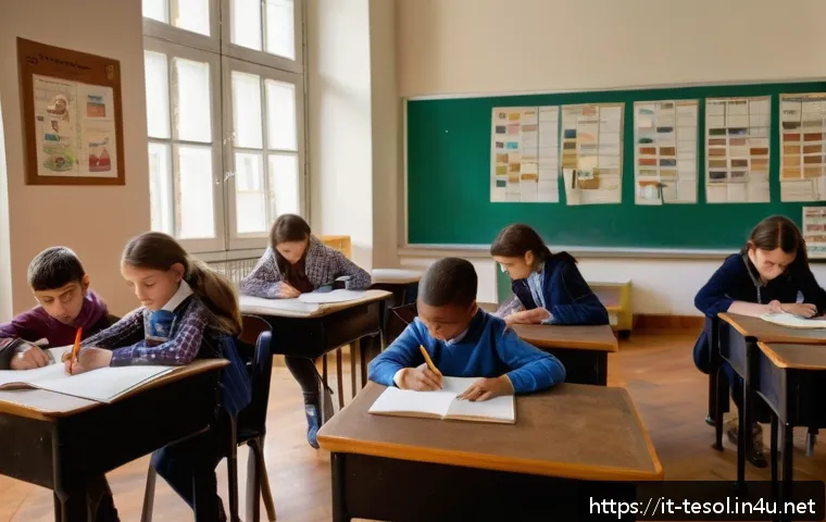 TESOL 강사 업무일지 - A warm and cozy classroom scene in an Italian school, showing a teacher attentively taking handwritt...