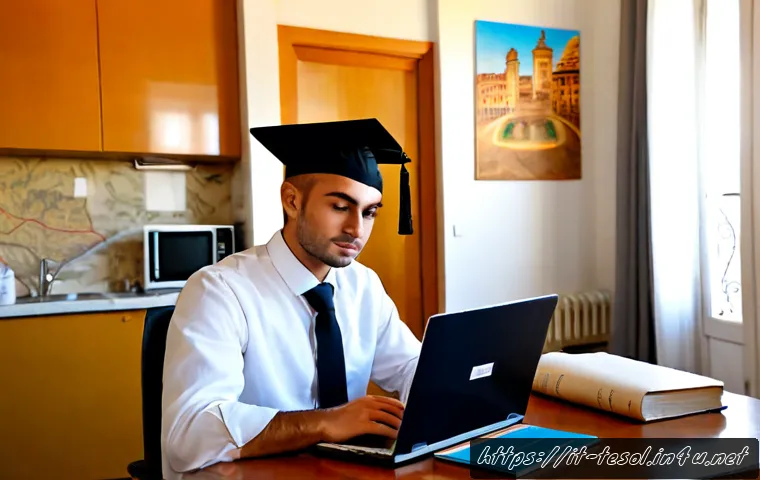 Home 17 TESOL 자격증으로 유학 가기 - Photorealistic Italian university graduate in a bright Rome apartment preparing for TESOL certificat...