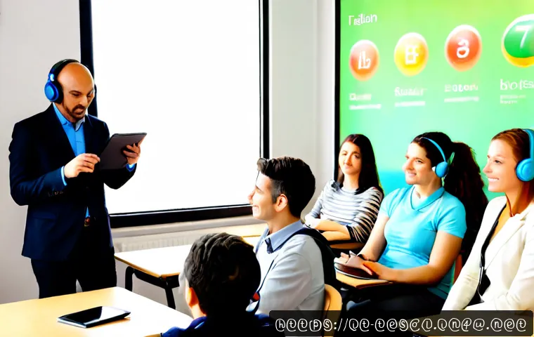 TESOL 교육에서의 기술 활용 - Photorealistic Italian TESOL classroom in Milan, diverse adult learners seated in a bright modern la...